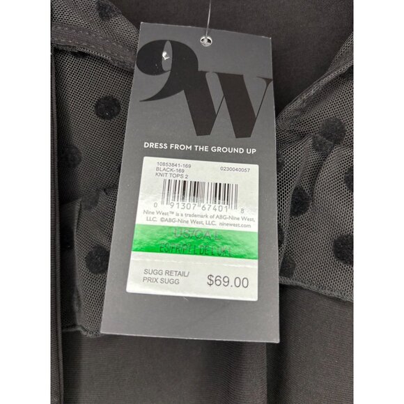 NINE WEST NEW Blouse Womens M Black Polka Dot Sheer Tie Short Slv Flowy - Picture 7 of 8